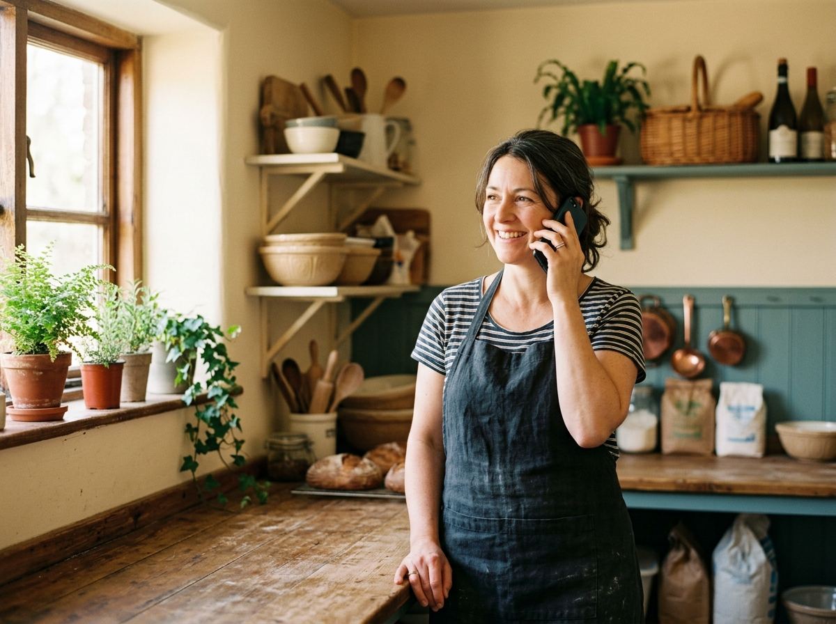 A bakery owner smiling while answering a phone call in her kitchen