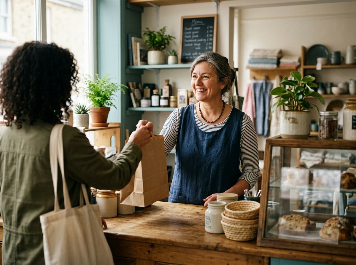 A smiling shop owner handing a customer their bag across a wooden counter