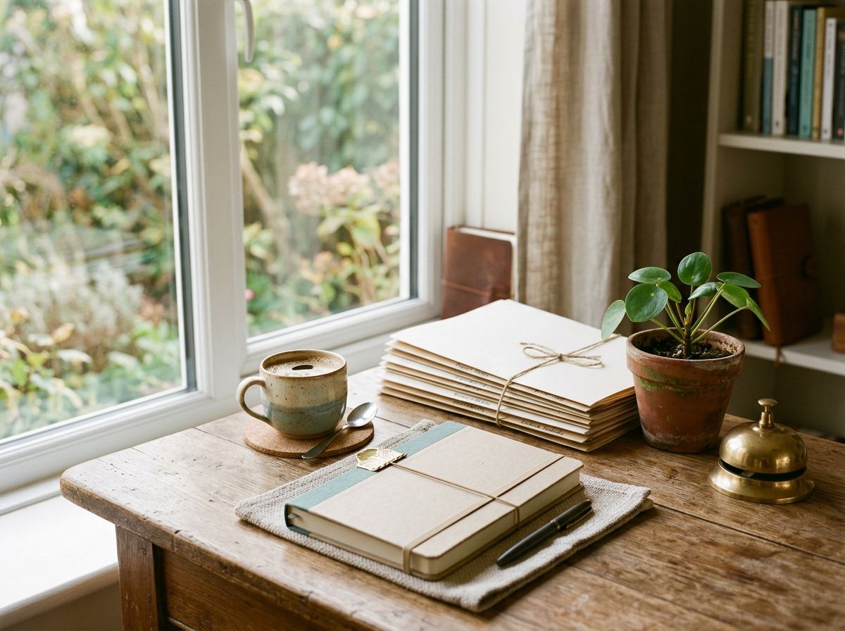 A tidy wooden desk by a window with a planner, neat folders, a coffee mug and a plant